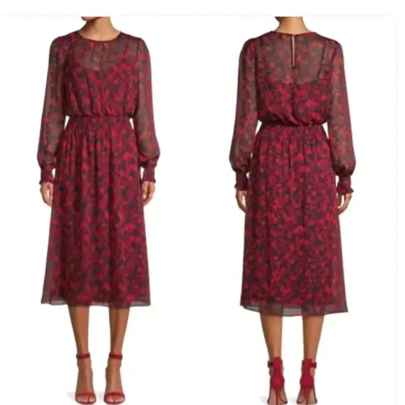 TOMMY HILFIGER DRESS RED BLACK FLORAL CHIFFON LONG SLEEVE MIDI SIZE 4 - Picture 2 of 16